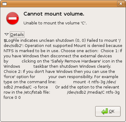 "Cannot mount volume" error dialog, with details
